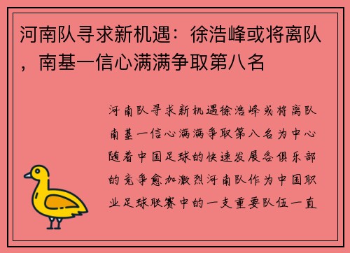 河南队寻求新机遇：徐浩峰或将离队，南基一信心满满争取第八名