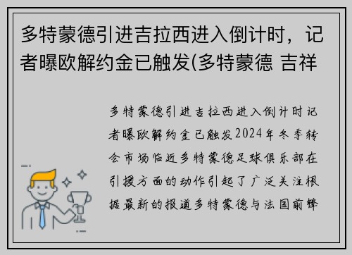 多特蒙德引进吉拉西进入倒计时，记者曝欧解约金已触发(多特蒙德 吉祥物)