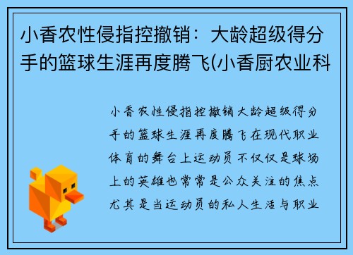 小香农性侵指控撤销：大龄超级得分手的篮球生涯再度腾飞(小香厨农业科技有限公司)