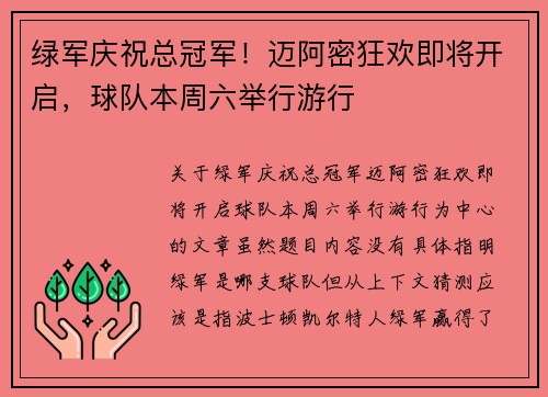 绿军庆祝总冠军！迈阿密狂欢即将开启，球队本周六举行游行