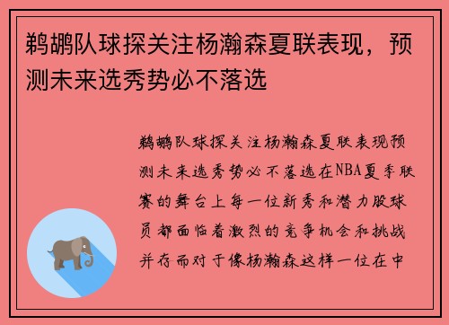 鹈鹕队球探关注杨瀚森夏联表现，预测未来选秀势必不落选