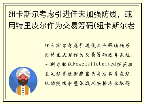 纽卡斯尔考虑引进佳夫加强防线，或用特里皮尔作为交易筹码(纽卡斯尔老板到底身价多少)